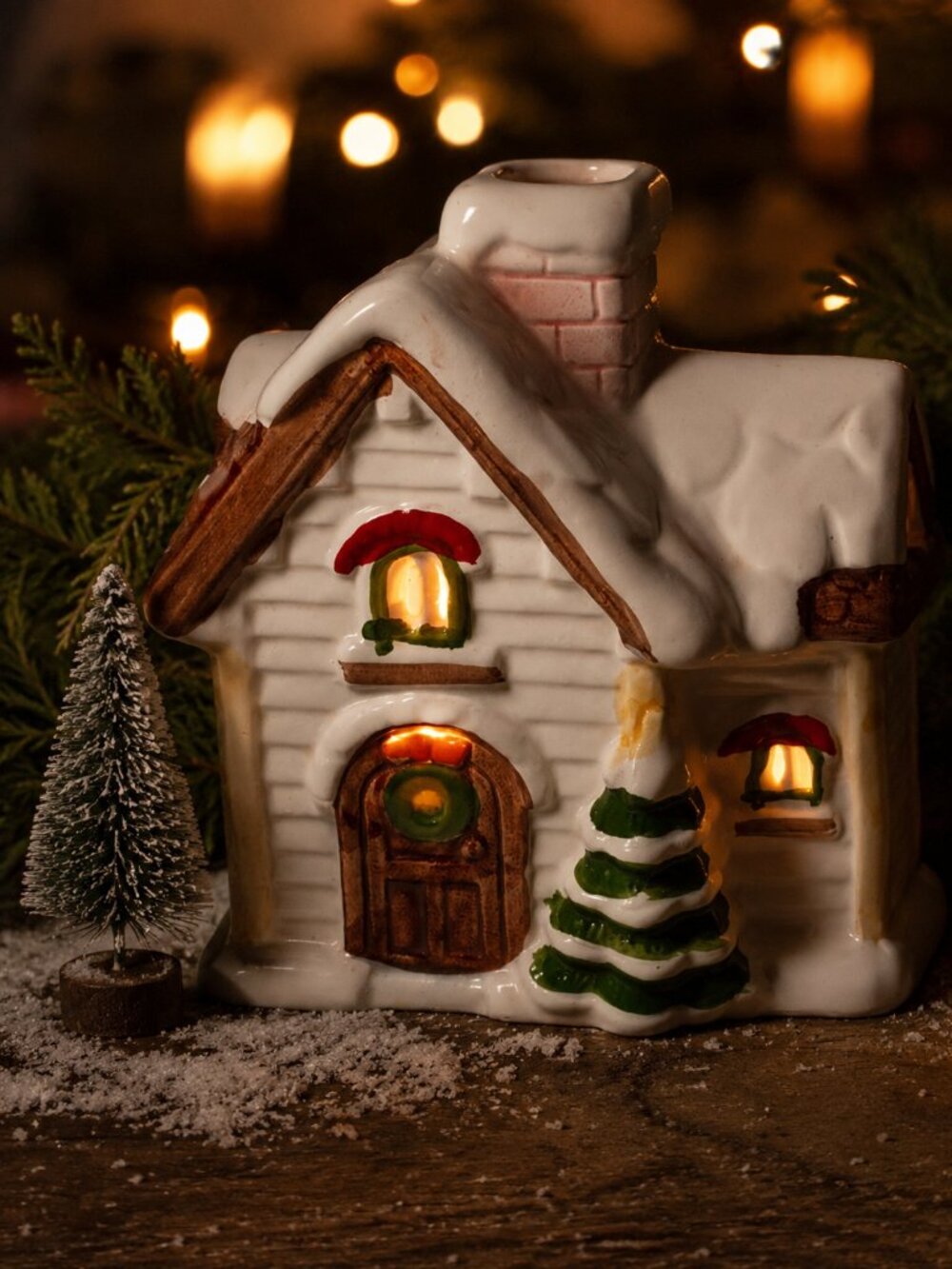 Vintage Ceramic Snow Cottage Tealight Candle Holder Christmas House Decor